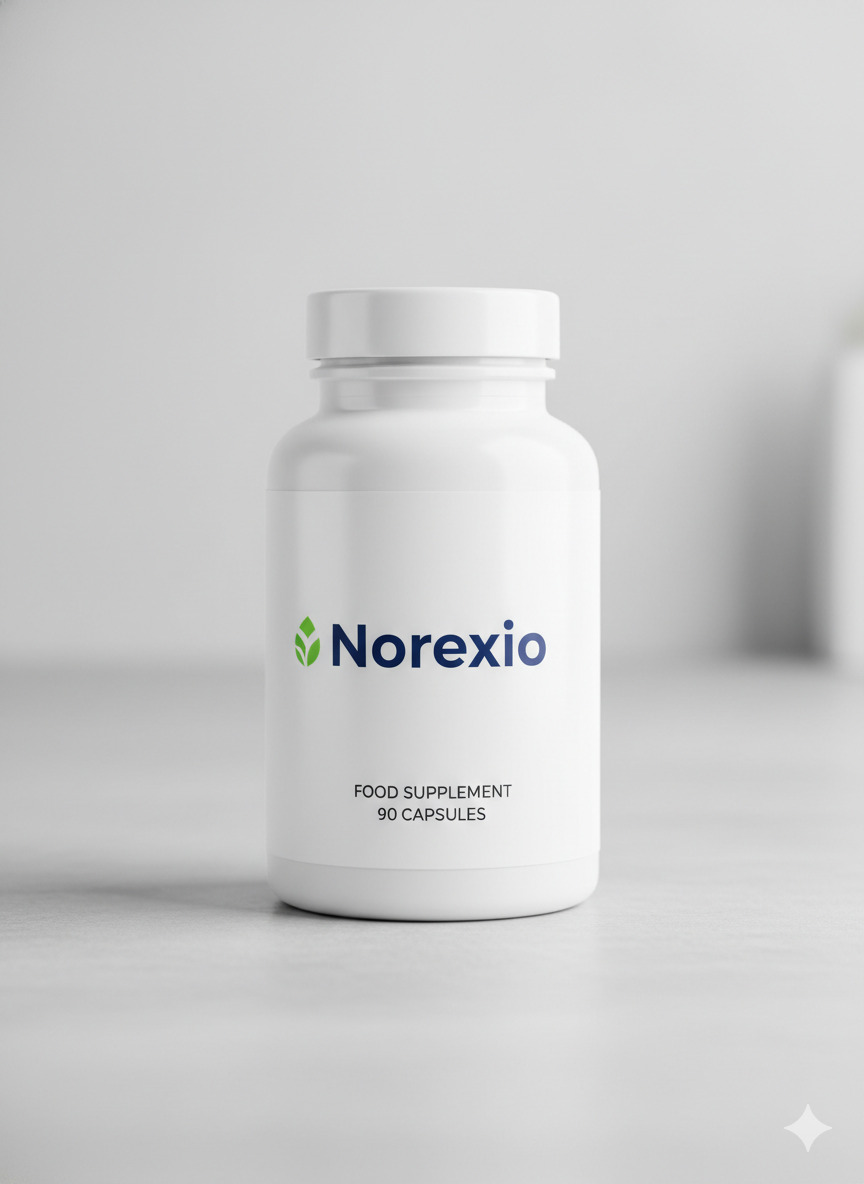 Norexio food supplement bottle on a neutral surface
